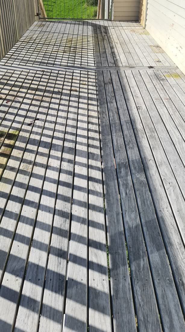 Weathered, dirty timber deck before cleaning